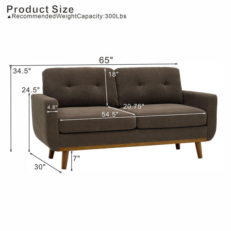 Dark gray two-seat sofa with tufted back and dimension labels