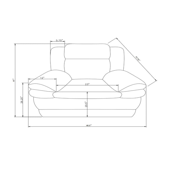 Power recliner size diagram showing front and side dimensions