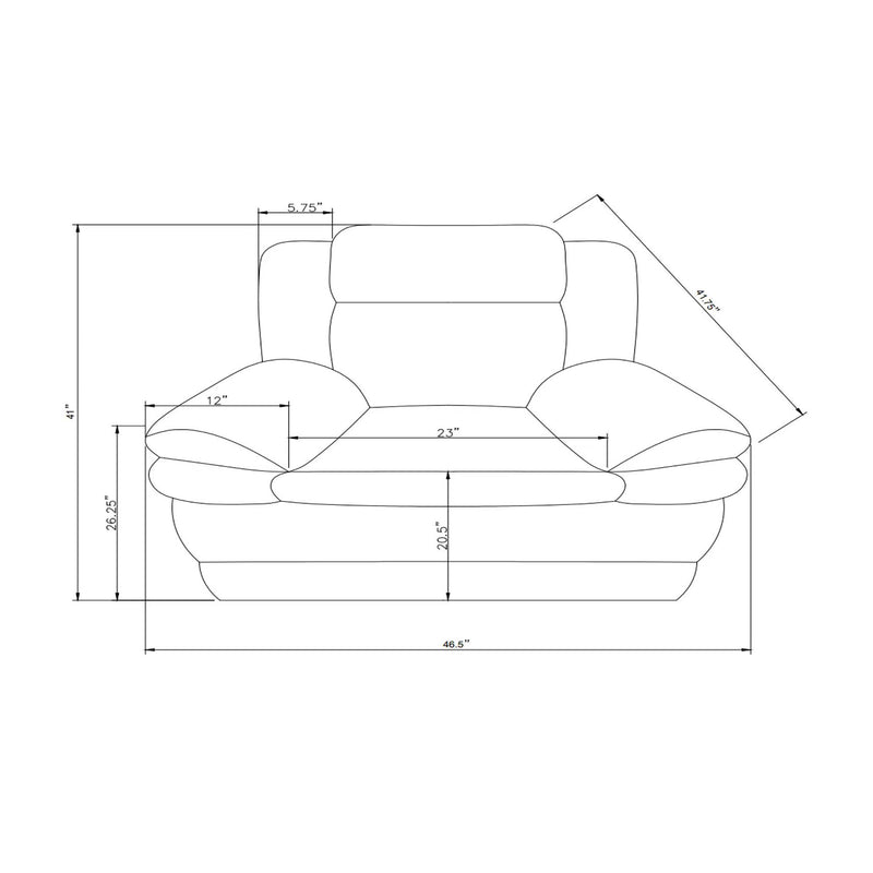 Power recliner size diagram showing front and side dimensions