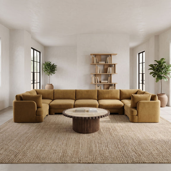 Light brown velvet U-shaped sectional sofa with chaise-style end pieces, 7-piece set