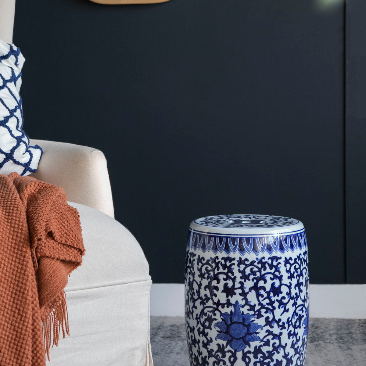 Ceramic Garden Stool, Small Side Tabel - White / Blue