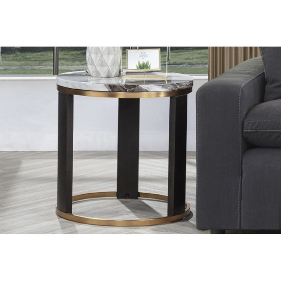 Round end table with marble-look top, black legs and gold-tone base ring