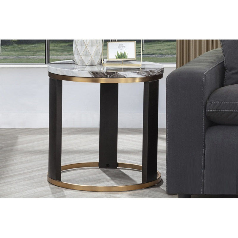 Round end table with marble-look top, black legs and gold-tone base ring