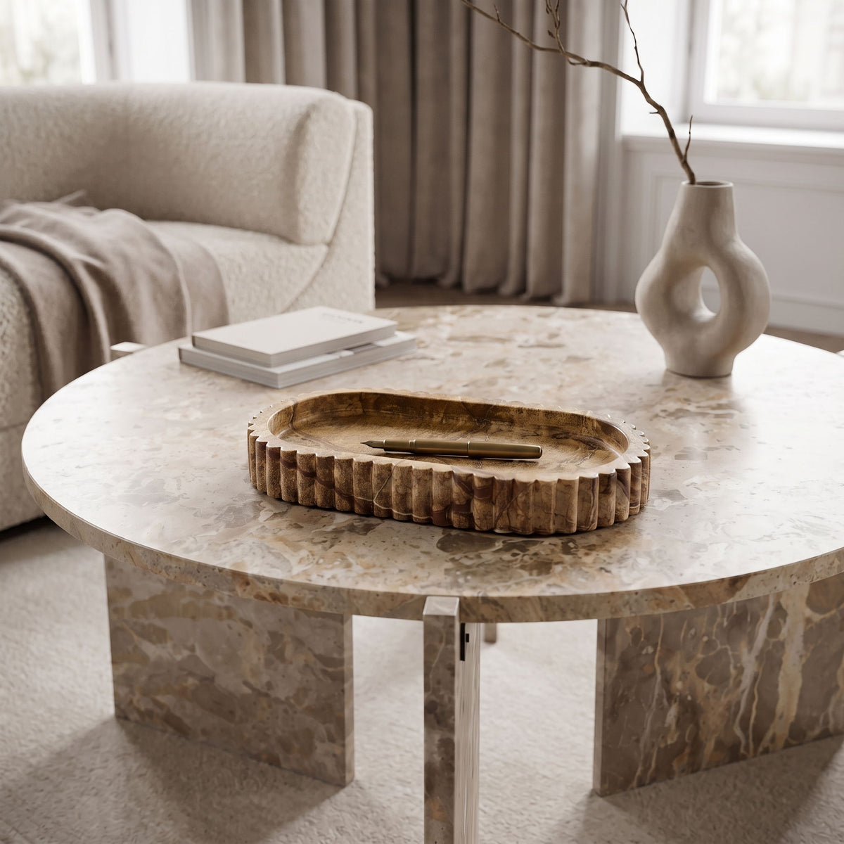 Genuine marble tray with round fluted rim, white base and light brown edge