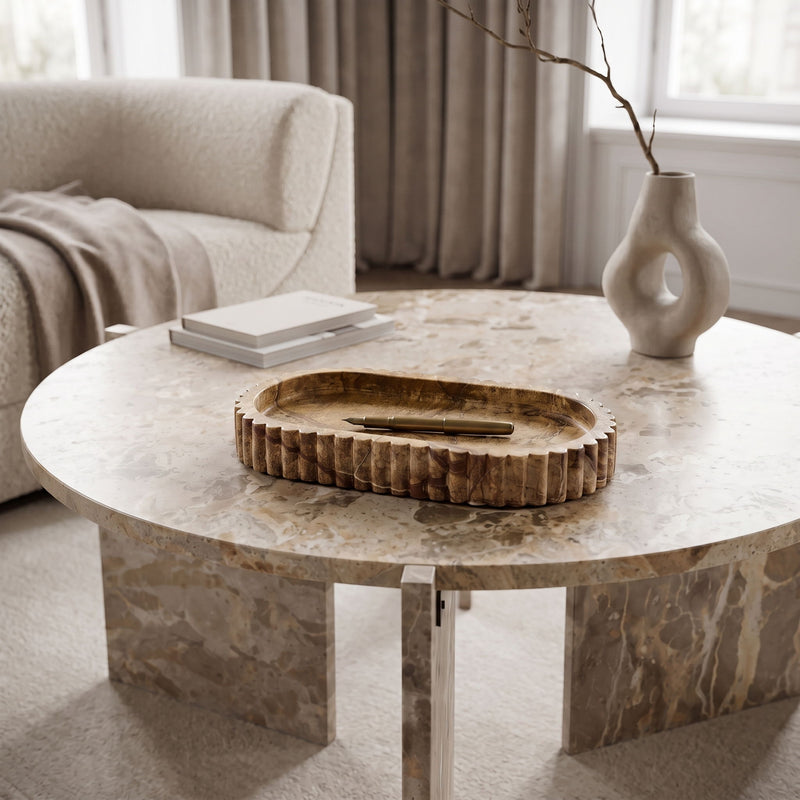 Genuine marble tray with round fluted rim, white base and light brown edge
