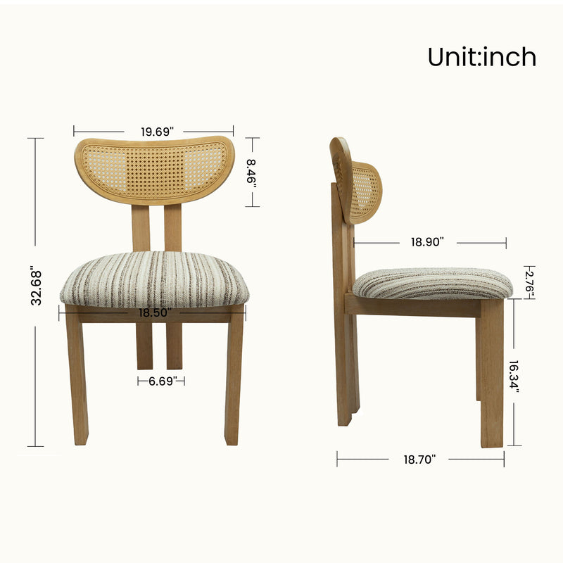 Striped upholstered dining chair with a rattan back, shown with front and side dimensions in inches.