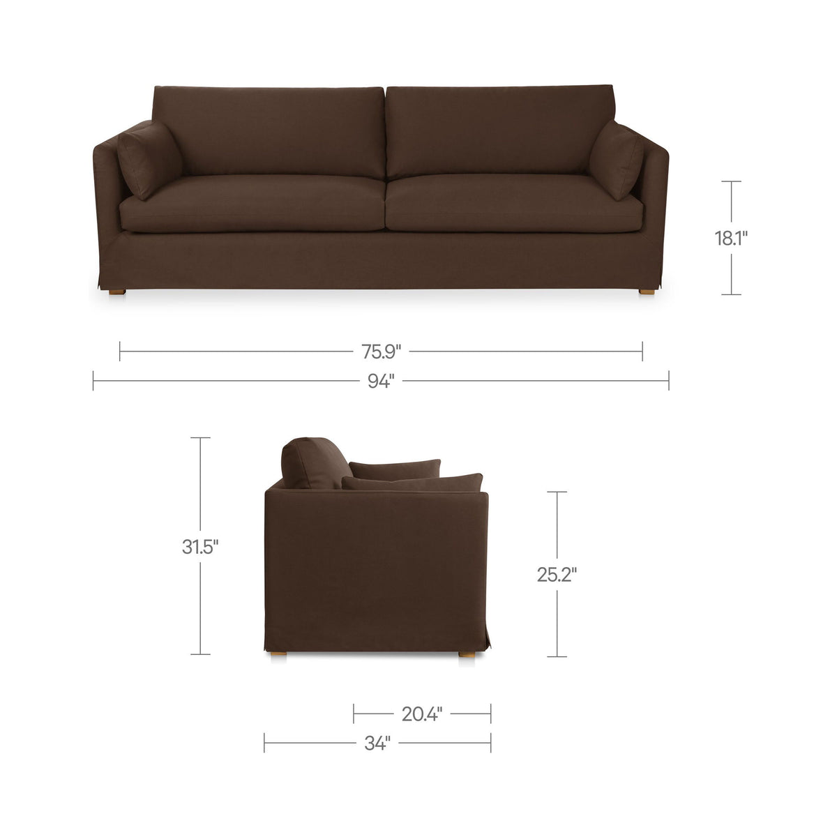 Dark brown sofa front view with rounded arms and shown size dimensions