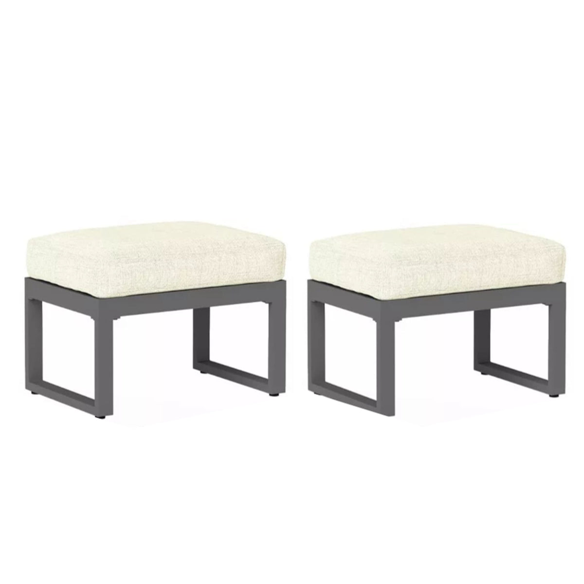 Beige patio ottomans set of 2 with thick rectangular cushions and dark open-frame legs