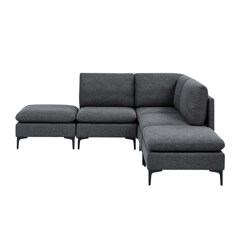 Dark gray upholstered modular sectional with tall legs and corner chaise, three-seat profile