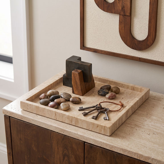 Beige travertine tray holding decorative stones and keys on tabletop