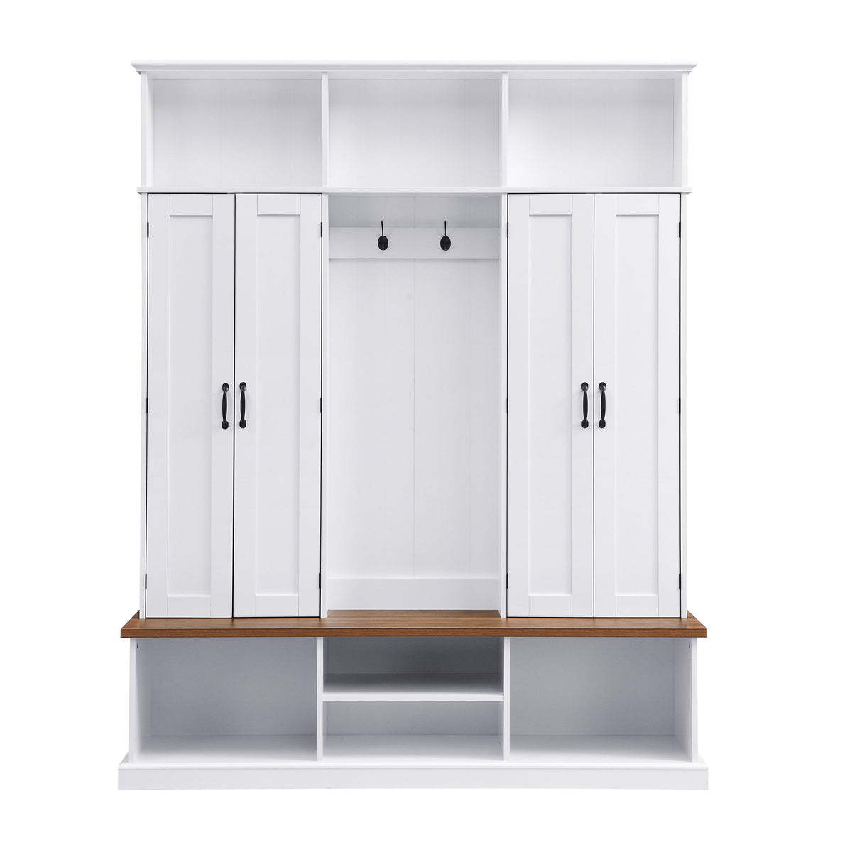 White hall tree with bench, storage cabinet doors, and three top cubbies