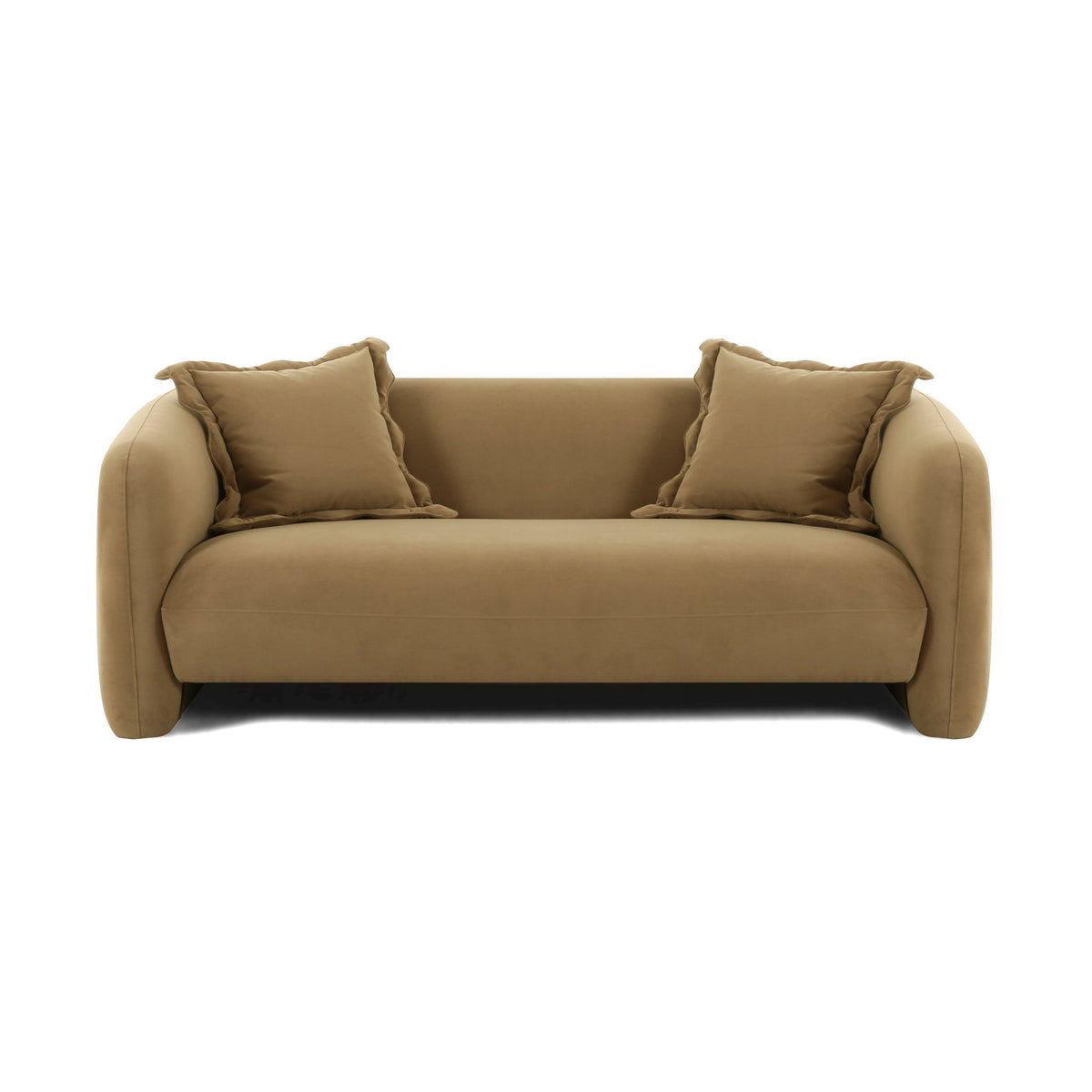 Light brown fabric loveseat with two square throw pillows and rounded armrests