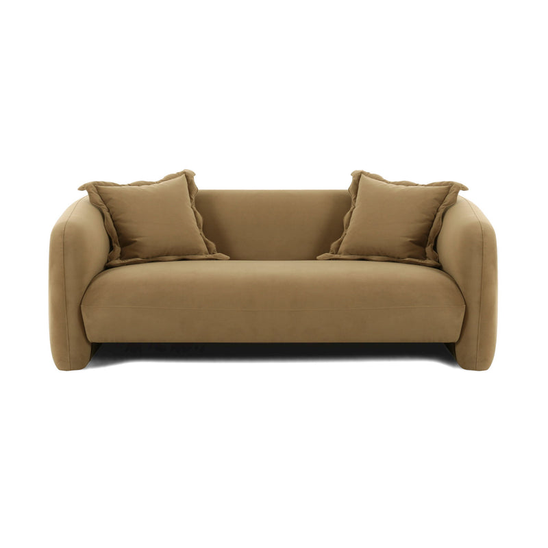 Light brown fabric loveseat with two square throw pillows and rounded armrests