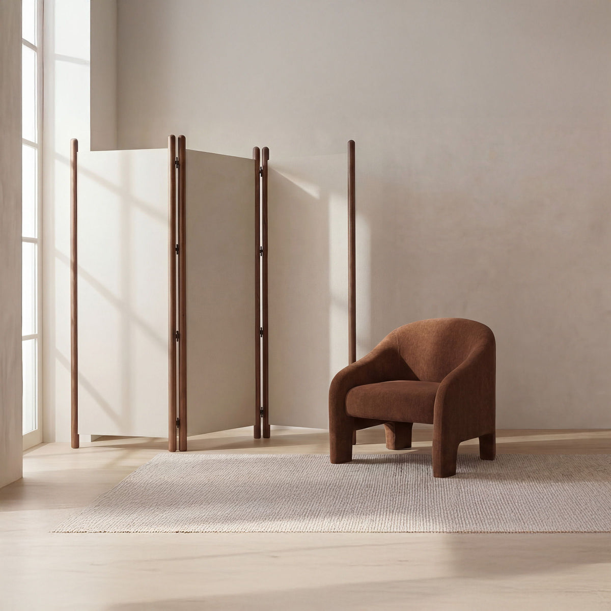 Off-white folding room divider screen with vertical panels on dark wood supports