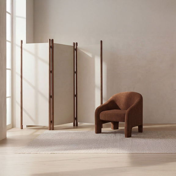 Off-white folding room divider screen with vertical panels on dark wood supports