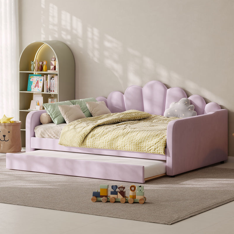 Lavender upholstered daybed frame with scalloped shell back and cushioned side rails
