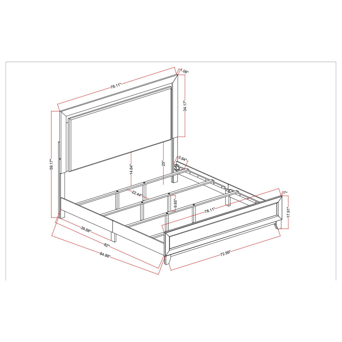Bed frame size diagram with labeled measurements for bedroom set