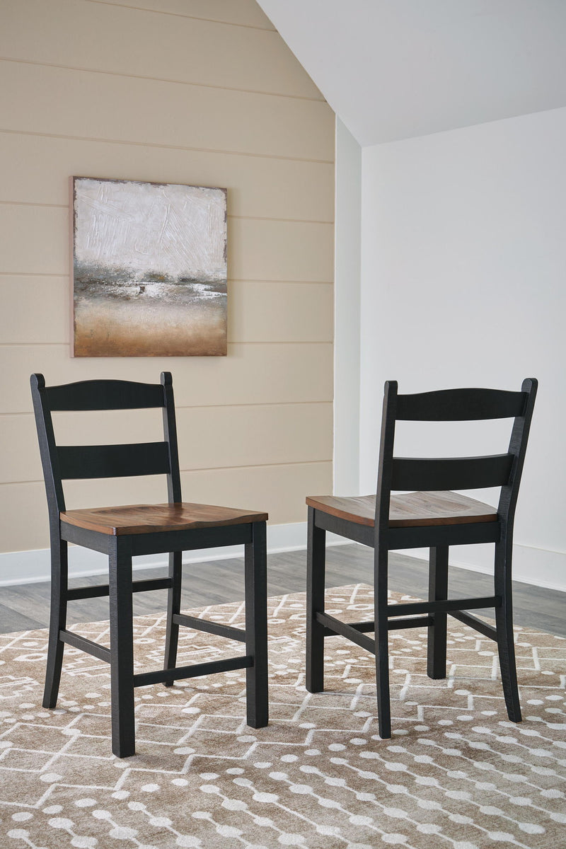 Two black barstools with brown square seats and ladder backs
