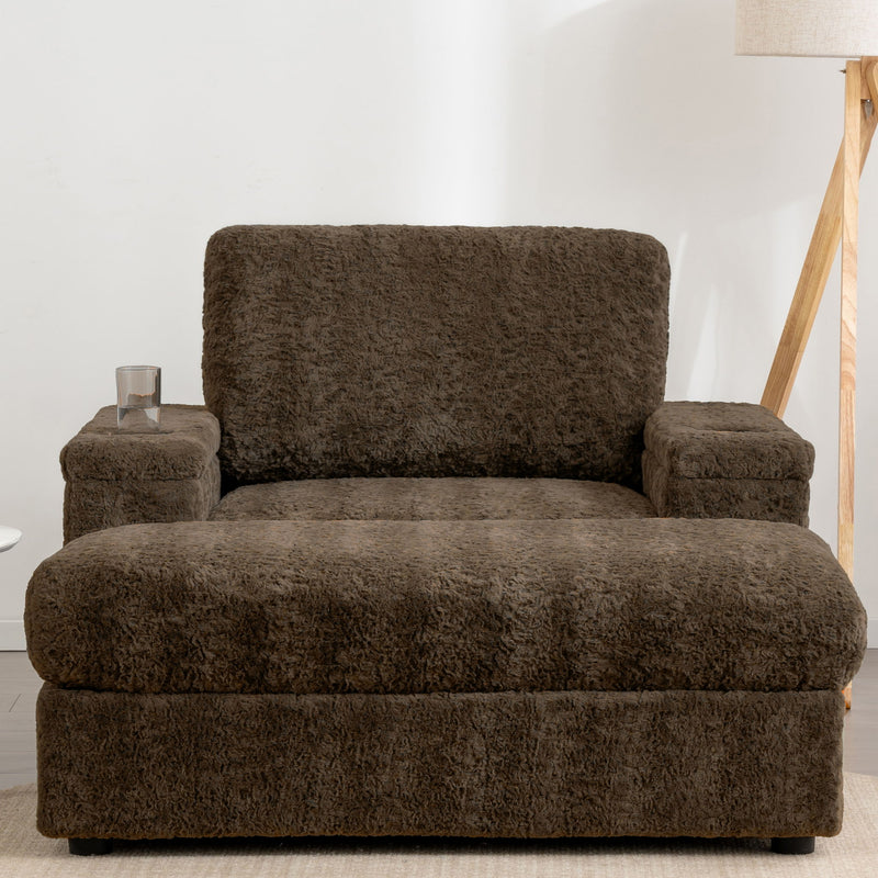 Oversized Chaise Lounge Indoor Rabbit Fur Sofa Bed With Storage Ottoman And Armrests Cup Holders With Deep Seat