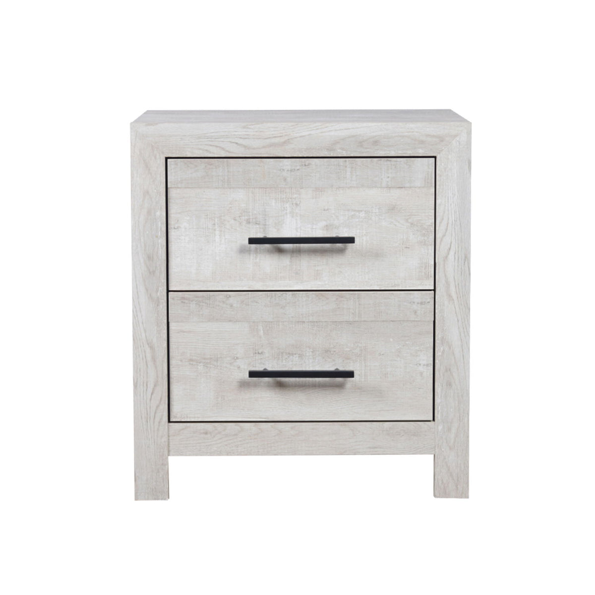 Light gray two-drawer nightstand with black bar pulls and rectangular drawer fronts