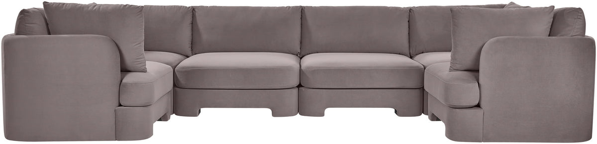 Gray velvet U-shaped sectional sofa, 6-piece set with deep upholstered cushions.