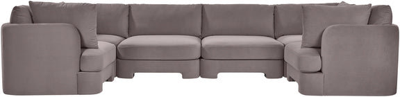 Gray velvet U-shaped sectional sofa, 6-piece set with deep upholstered cushions.