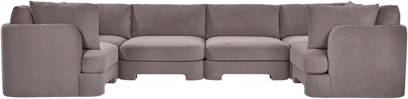 Gray velvet U-shaped sectional sofa, 6-piece set with deep upholstered cushions.