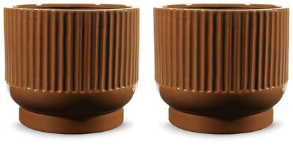 Pair of dark brown ribbed ceramic vases with flared rounded bottoms