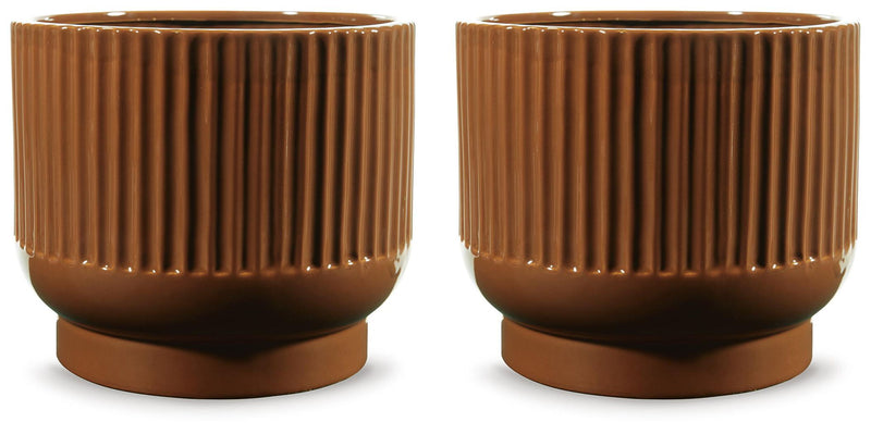 Pair of dark brown ribbed ceramic vases with flared rounded bottoms