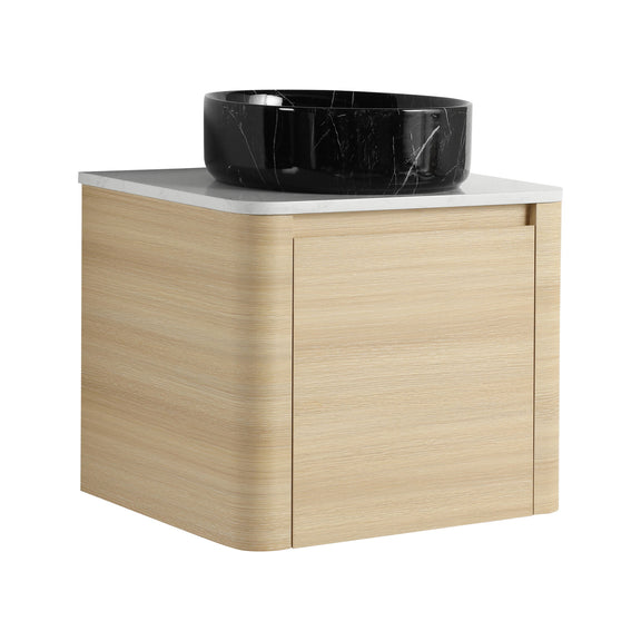 Mounted bathroom vanity with black art sink and 2 soft-close doors, light wood