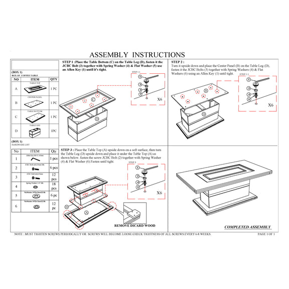 Coffee table assembly instructions sheet with parts list and step-by-step diagrams