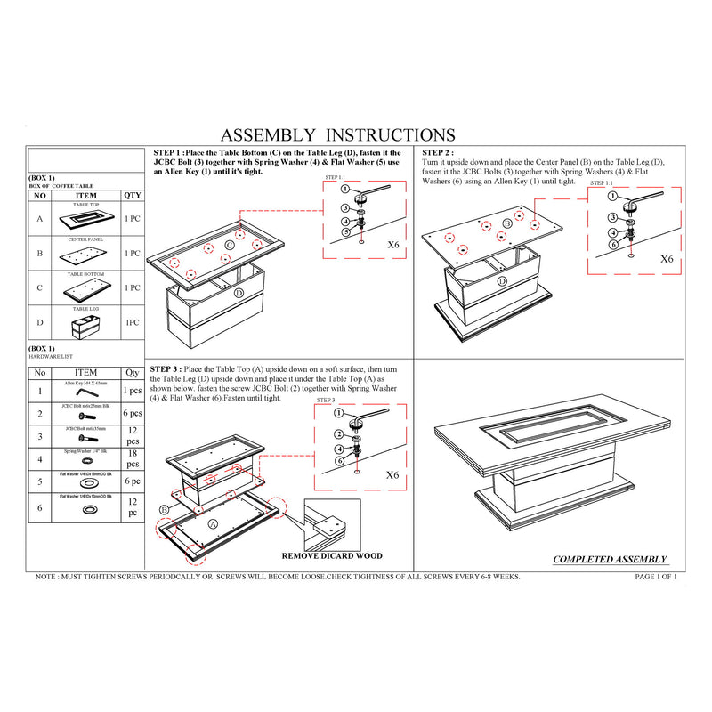 Coffee table assembly instructions sheet with parts list and step-by-step diagrams