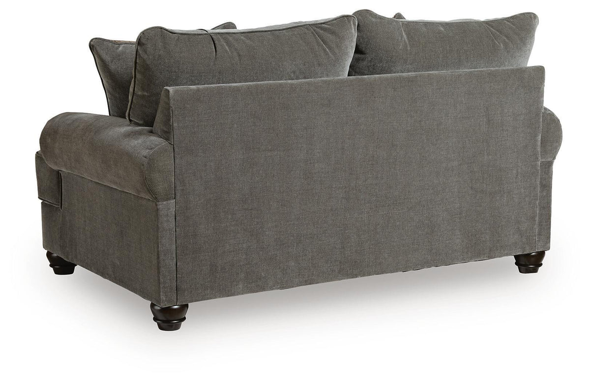 Gray fabric loveseat with deep seat, square arms, and dark legs