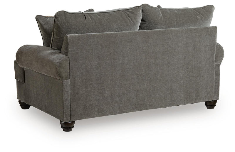 Gray fabric loveseat with deep seat, square arms, and dark legs