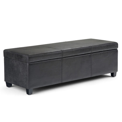 Storage ottoman bench, dark gray upholstered seat with hinged top and block legs