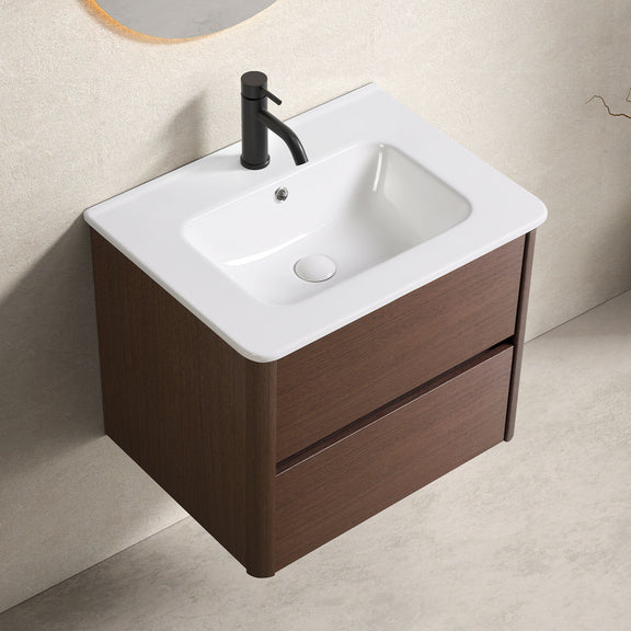 Wall mounted bathroom vanity with white sink top, single faucet, dark brown cabinet