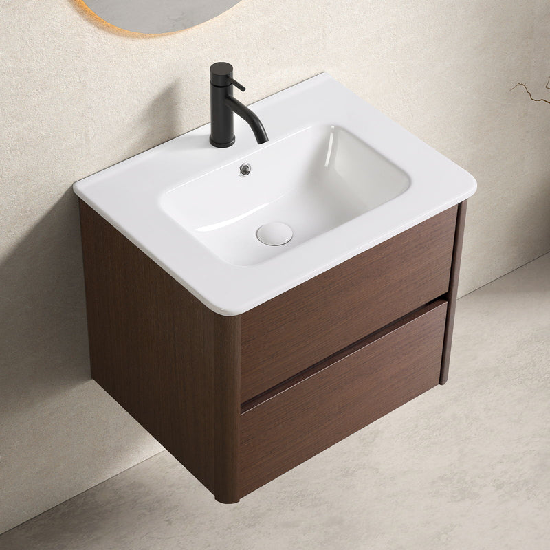 Wall mounted bathroom vanity with white sink top, single faucet, dark brown cabinet