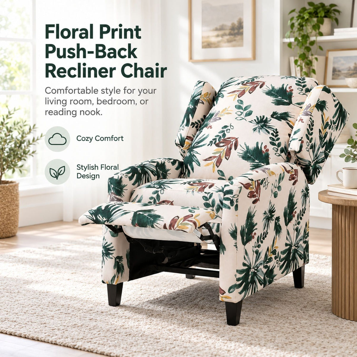Green floral recliner chair with push-back footrest and padded wingback arms
