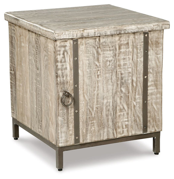 Whitewashed accent cabinet, square tabletop with metal corner straps and ring handle