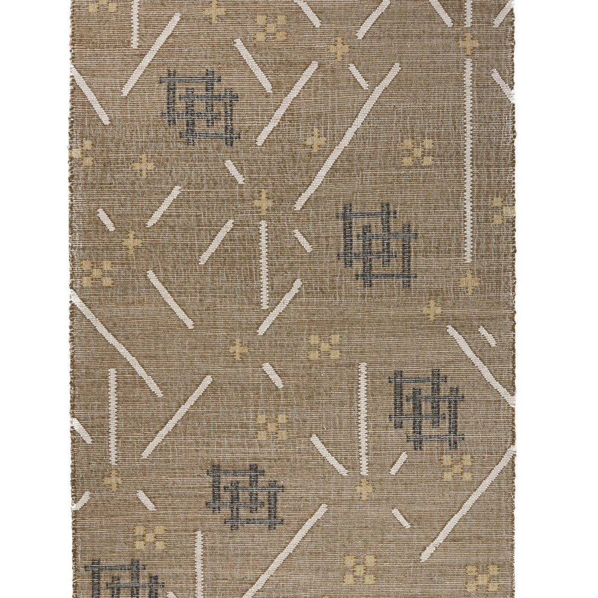 Khaki area rug with white geometric lines and dark blue motif blocks, fringed