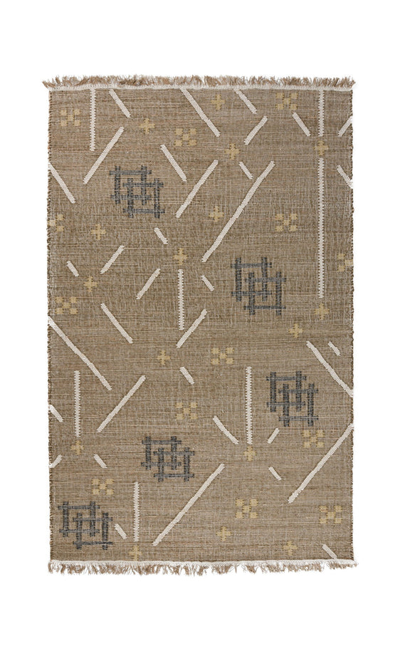 Khaki area rug with white geometric lines and dark blue motif blocks, fringed