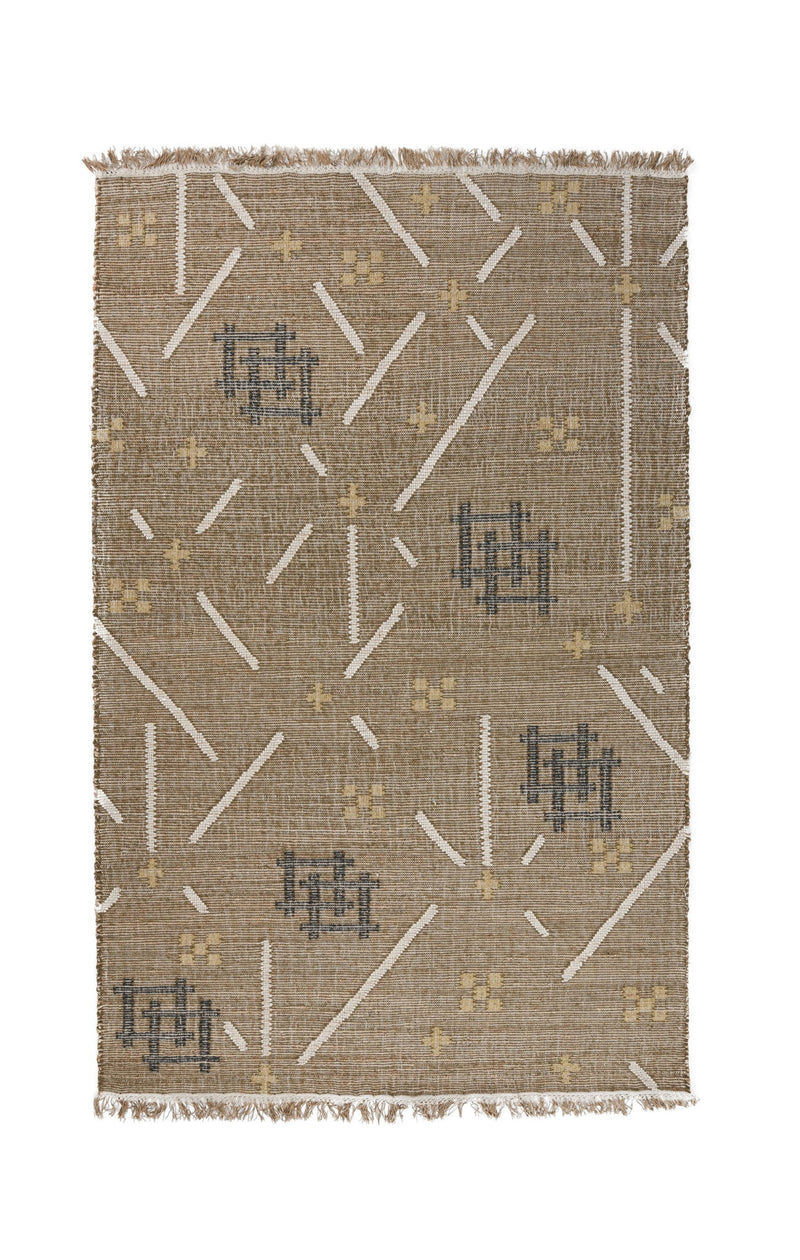 Khaki area rug with white geometric lines and dark blue motif blocks, fringed
