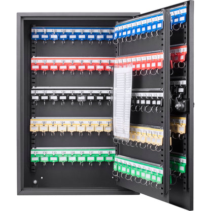 Black key cabinet with adjustable key holders and color-coded key tags, open door