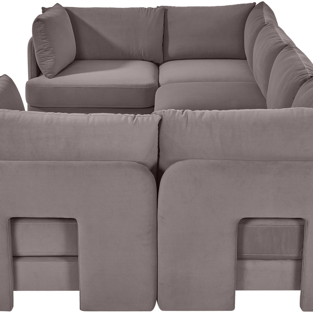 Medium gray velvet U-shaped sectional sofa, 6-piece set with wide arms and cushioned seat.