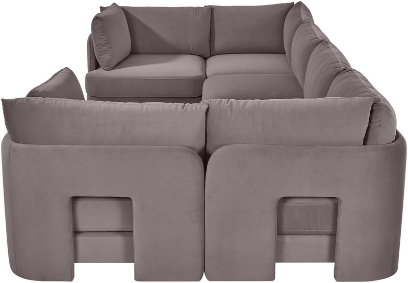 Medium gray velvet U-shaped sectional sofa, 6-piece set with wide arms and cushioned seat.