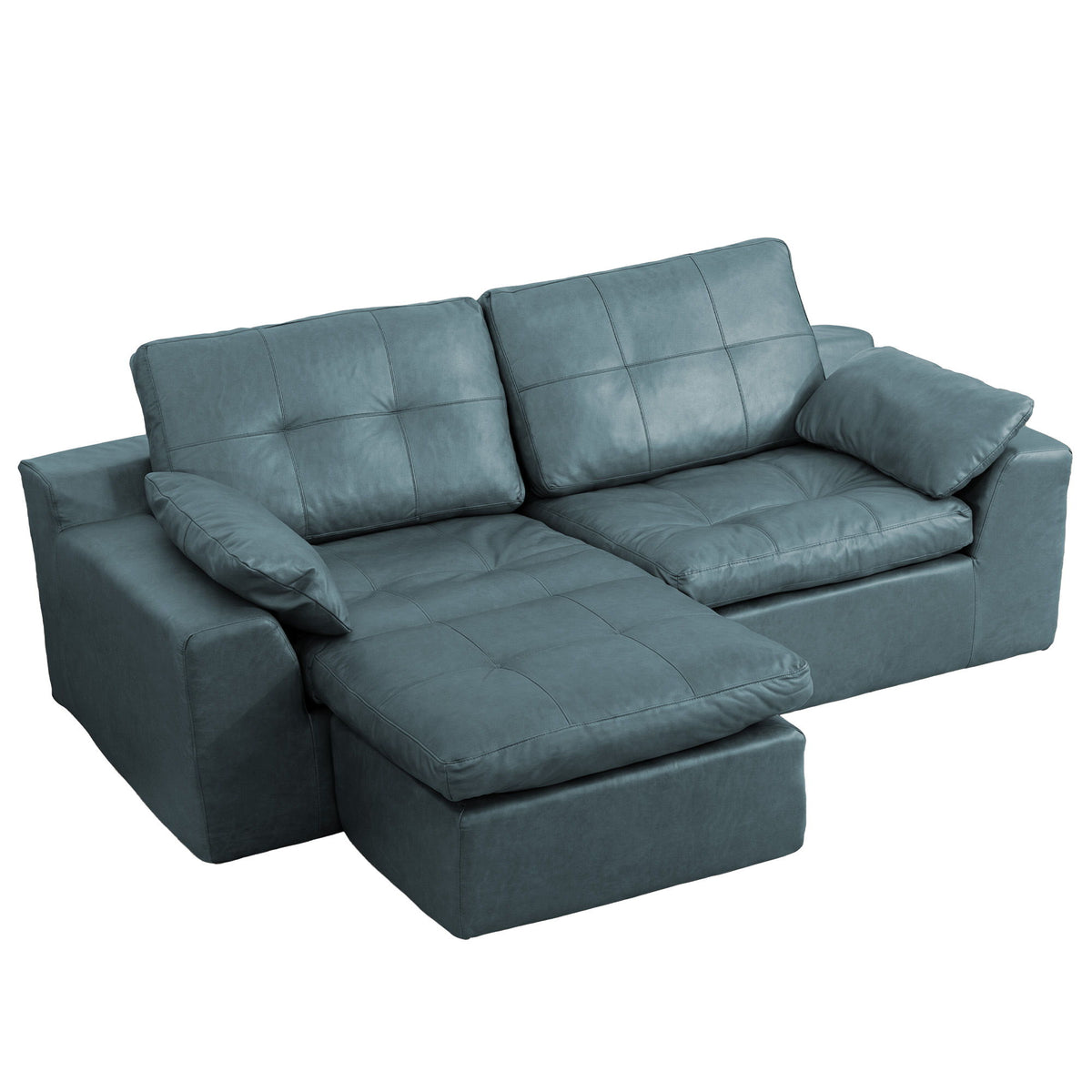 L-shaped 2-seater sofa with movable ottoman, teal-blue fabric cushions.