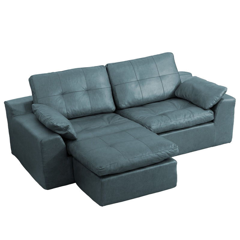 L-shaped 2-seater sofa with movable ottoman, teal-blue fabric cushions.