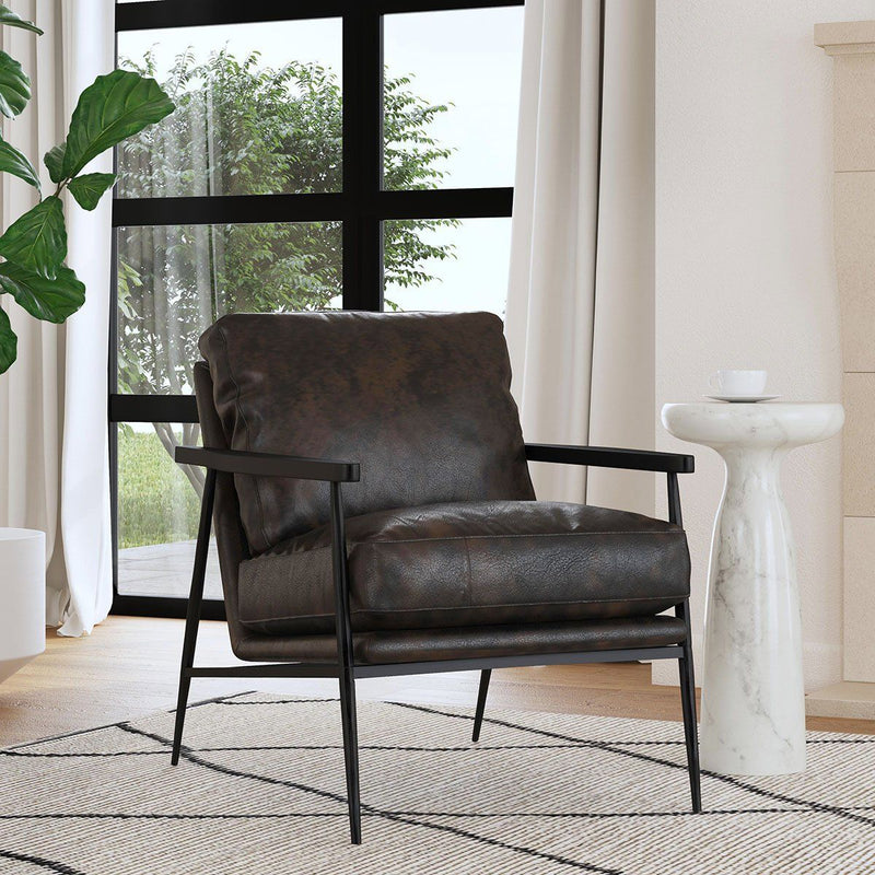 Dark brown leather-look club chair with black armrests and cushioned seat