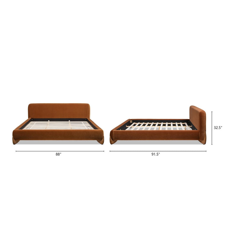 Warm orange-brown platform bed showing two sizes with slatted mattress support