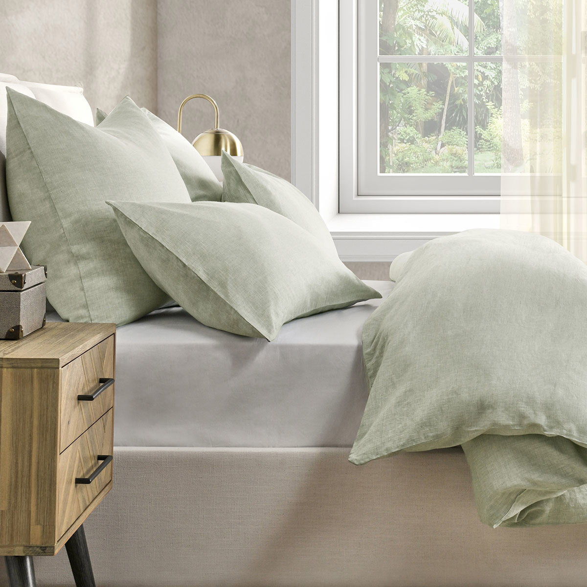 Jayson linen cashmere sham in sage green, square pillow for sofa or bed styling